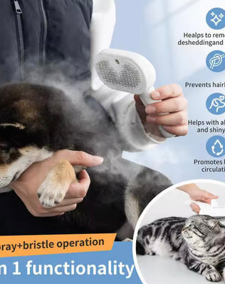 Problems Solved dog steam comb pet massage brush with USB charging, showing the comb's ergonomic design and steam vents for grooming.