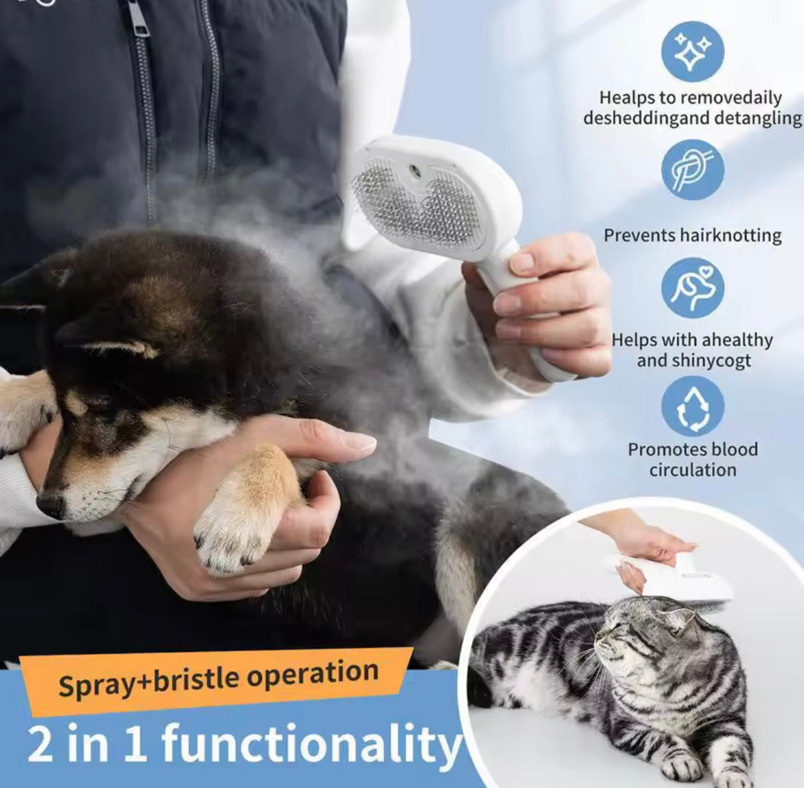 Problems Solved dog steam comb pet massage brush with USB charging, showing the comb's ergonomic design and steam vents for grooming.