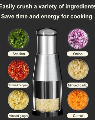 Problems Solved pressed garlic chopper with 16cm handle and stainless steel garlic press for easy garlic mincing.