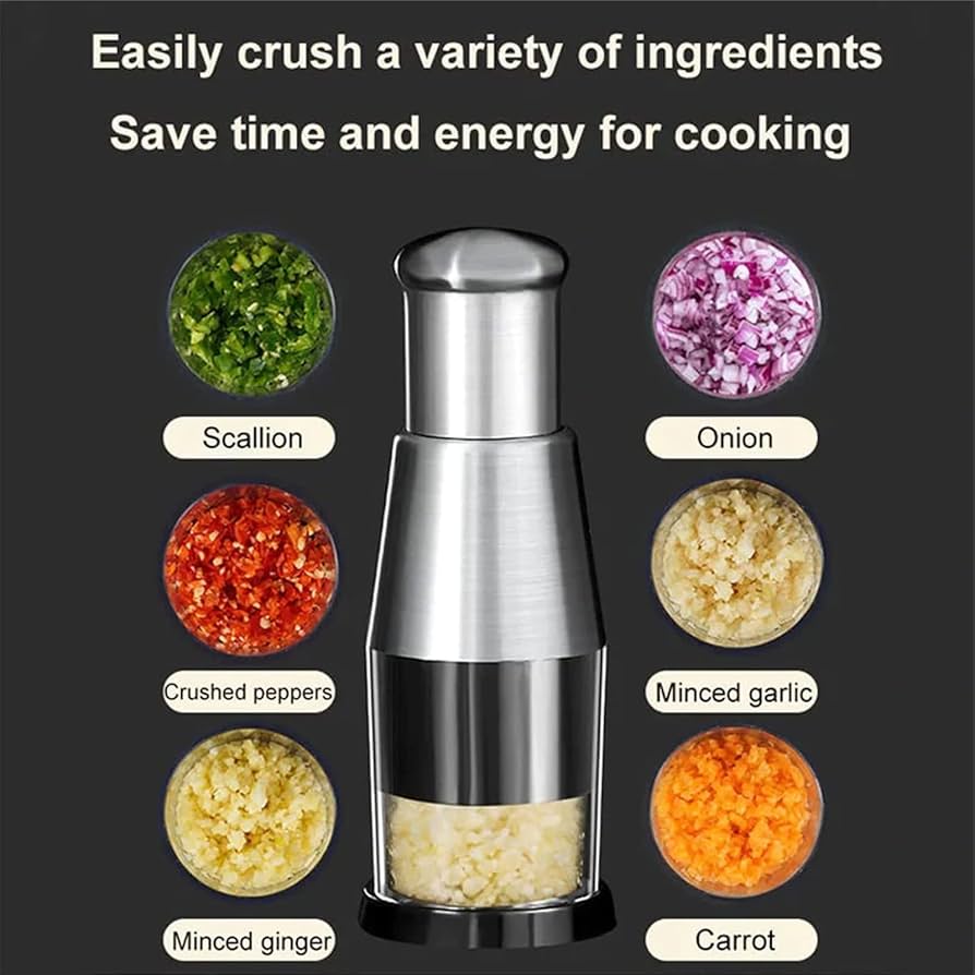 Problems Solved pressed garlic chopper with 16cm handle and stainless steel garlic press for easy garlic mincing.