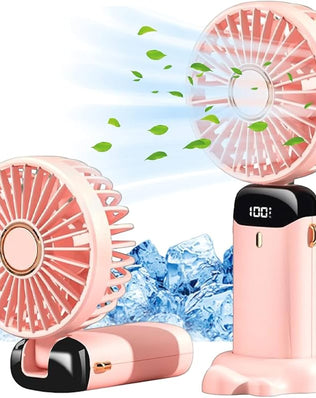 Problems Solved portable handheld USB rechargeable fan with five speed settings, compact design, and easy-to-hold grip.