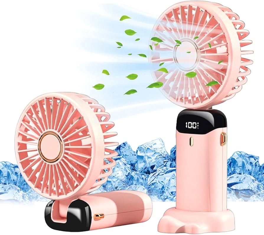 Problems Solved portable handheld USB rechargeable fan with five speed settings, compact design, and easy-to-hold grip.