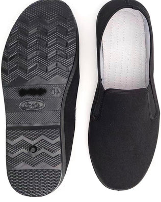 Black Chinese style Kung Fu slippers with rubber soles, unisex Tai Chi shoes from Problems Solved, featuring soft fabric and traditional design.