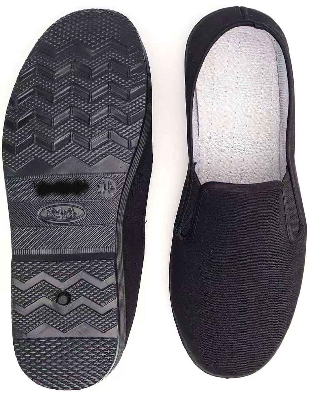 Black Chinese style Kung Fu slippers with rubber soles, unisex Tai Chi shoes from Problems Solved, featuring soft fabric and traditional design.