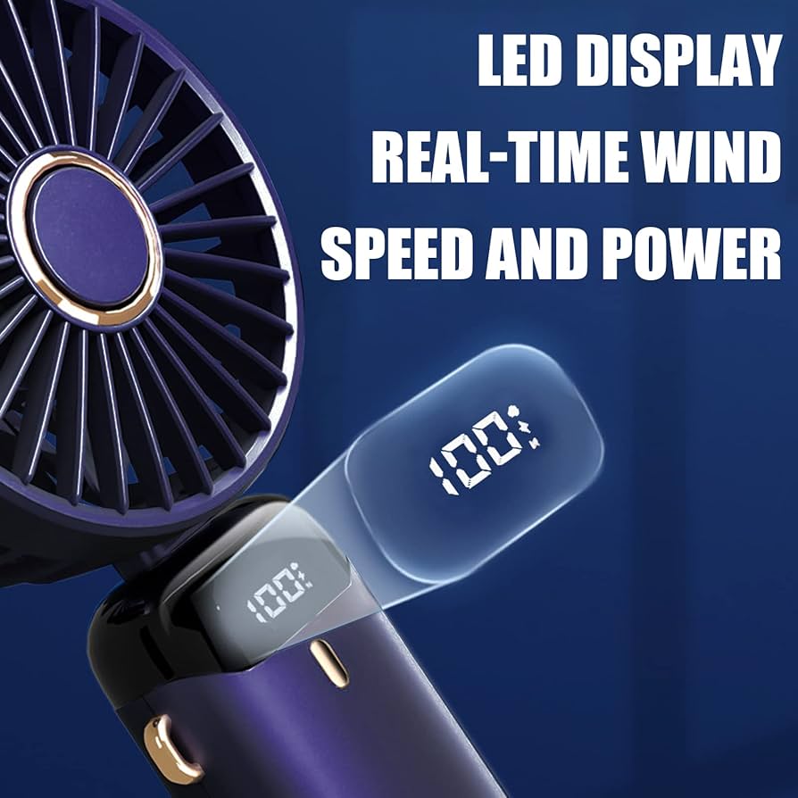 Problems Solved portable handheld USB rechargeable fan with 5 speed settings, compact and lightweight for personal cooling.