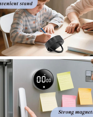 Problems Solved digital kitchen timer with magnetic back showing 199-minute countdown and count-up display in a close-up view.