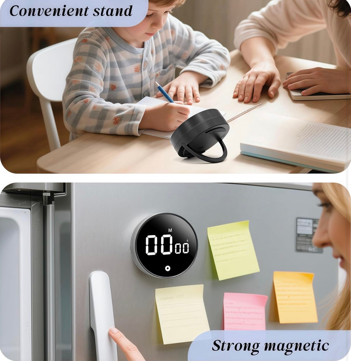 Problems Solved digital kitchen timer with magnetic back showing 199-minute countdown and count-up display in a close-up view.