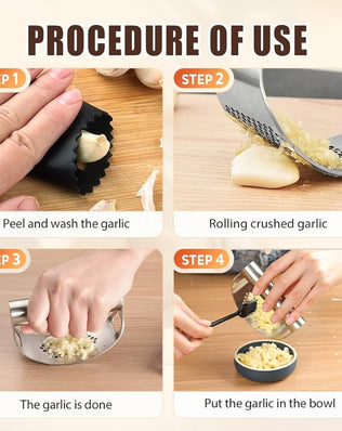 Problems Solved stainless steel garlic press rocker with ergonomic handle, designed for easy mincing and crushing garlic cloves.