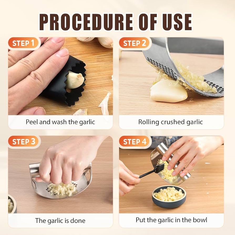 Problems Solved stainless steel garlic press rocker with ergonomic handle, designed for easy mincing and crushing garlic cloves.
