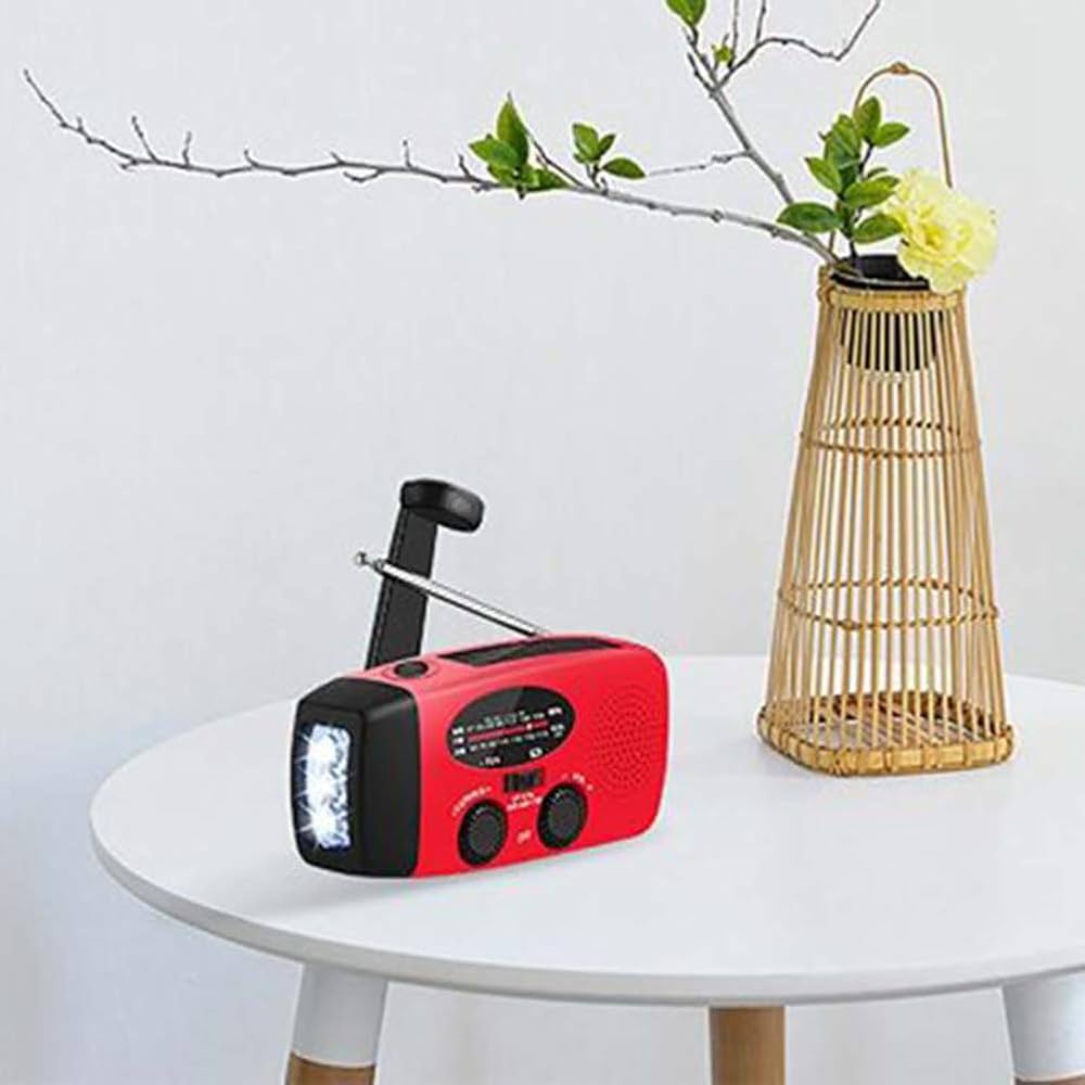 Problems Solved emergency radio with 2000mAh power bank, hand crank, solar panel, and flashlight for outdoor preparedness.
