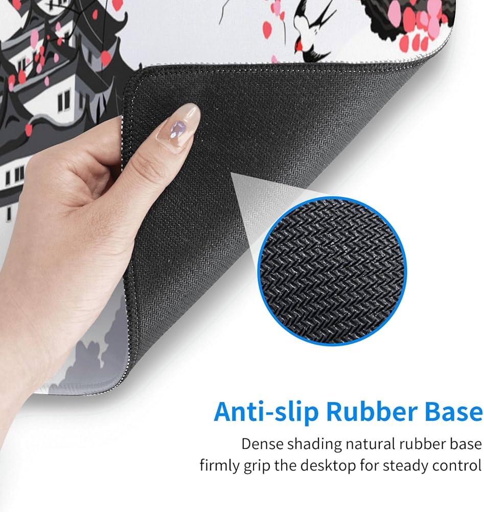 Problems Solved XXL large gaming laptop mouse pad with Japanese cherry blossom design in white, ideal for gaming and desk setup.