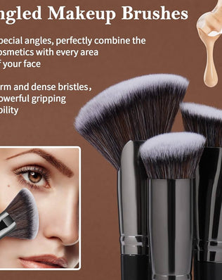Problems Solved 25-piece professional makeup brush set with foundation, blush, and eye brushes arranged for display.