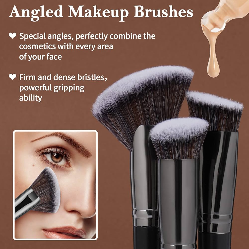 Problems Solved 25-piece professional makeup brush set with foundation, blush, and eye brushes arranged for display.