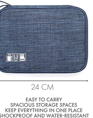 Problems Solved cable bag and organizer for travel, with multiple compartments for electronics and accessories.