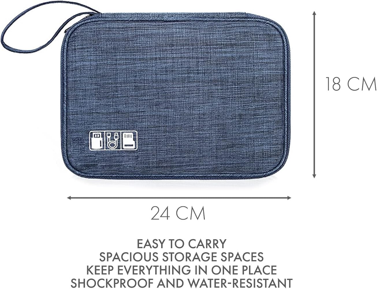 Problems Solved cable bag and organizer for travel, with multiple compartments for electronics and accessories.
