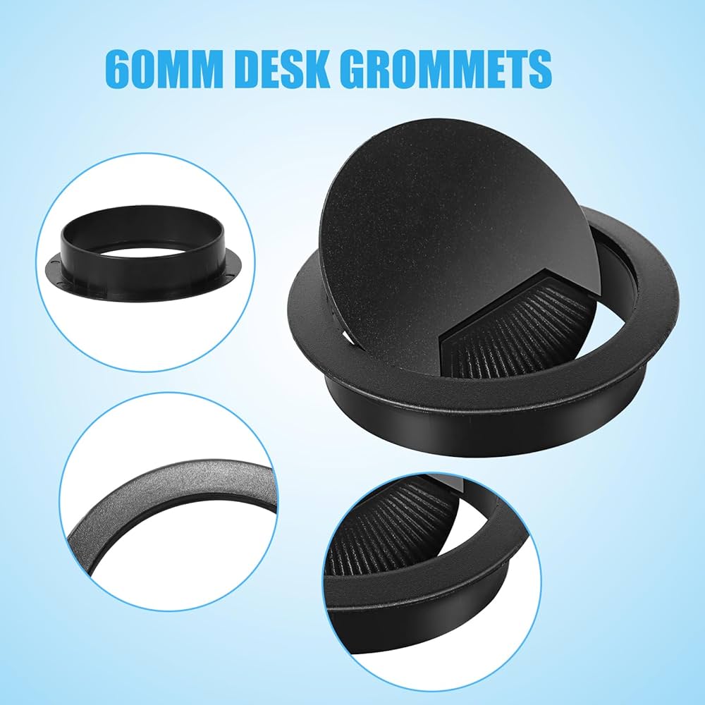 4 Pcs Desk Grommet 60mm Desk Cable Hole Black Plastic Worktop Cable Tidy