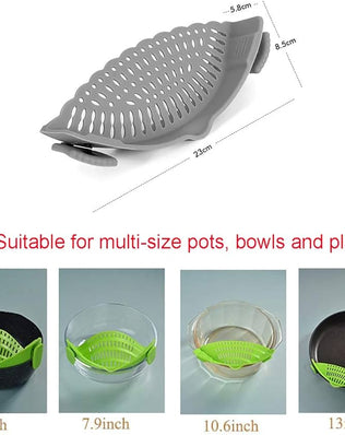 Problems Solved Snap Strainer clip-on silicone strainer for pots and pans, heat-resistant, hands-free kitchen tool.
