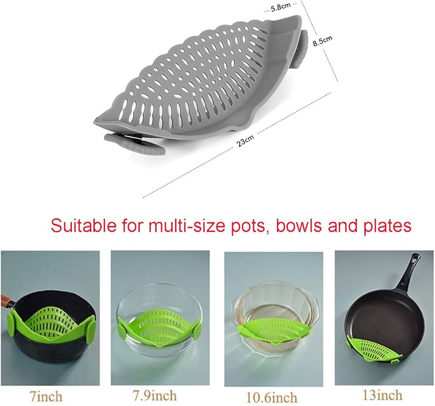 Problems Solved Snap Strainer clip-on silicone strainer for pots and pans, heat-resistant, hands-free kitchen tool.
