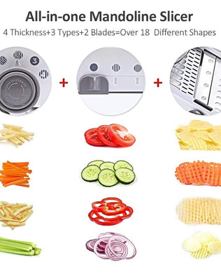 Problems Solved 18-in-1 adjustable stainless steel mandoline slicer with manual cutter and vegetable grater for versatile food prep.
