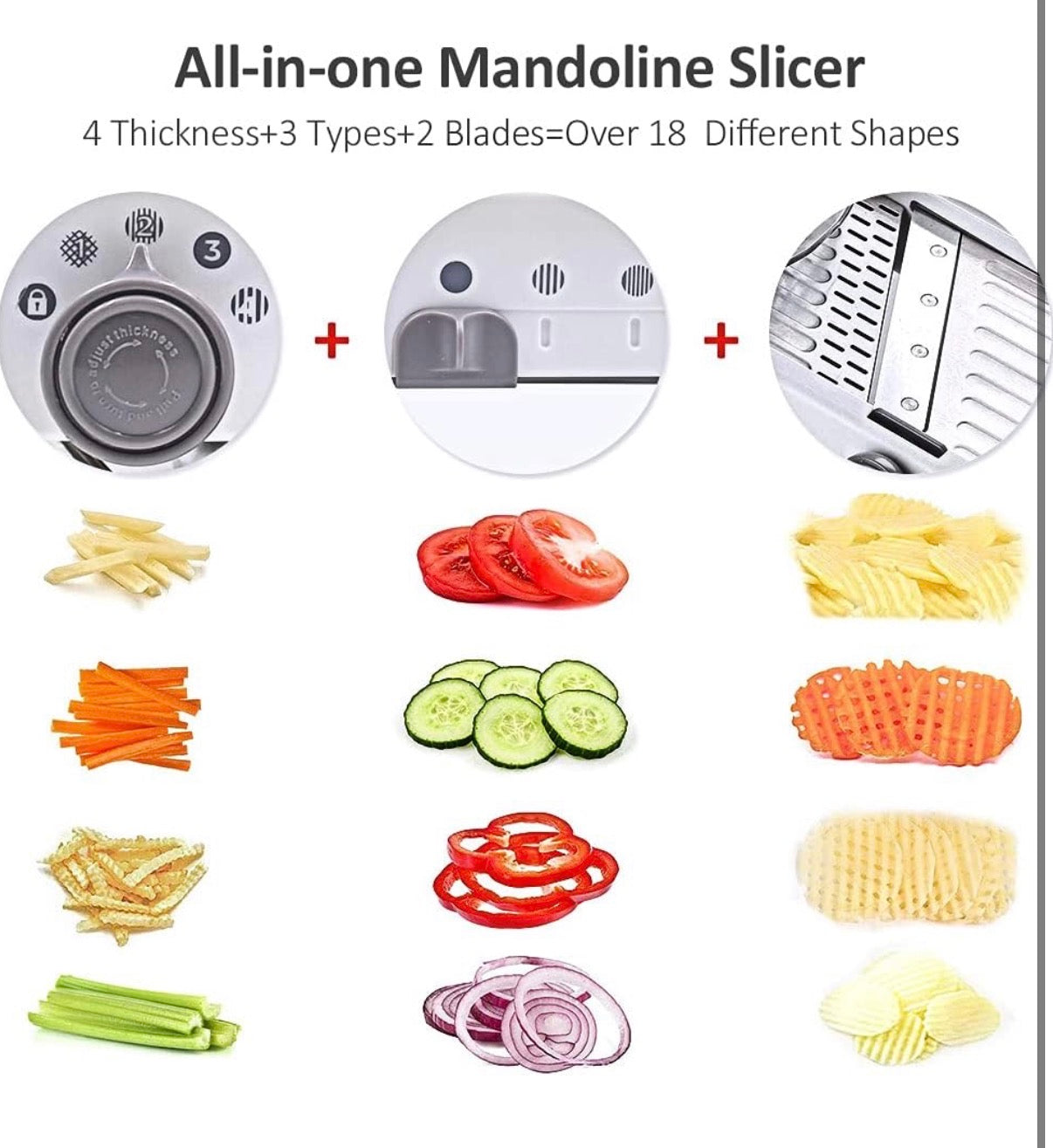 Problems Solved 18-in-1 adjustable stainless steel mandoline slicer with manual cutter and vegetable grater for versatile food prep.