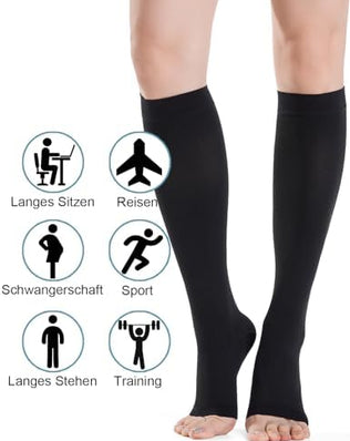 Open toe medical compression socks for women and men by Problems Solved, 20-30mmHg class 2 compression, designed for leg support.