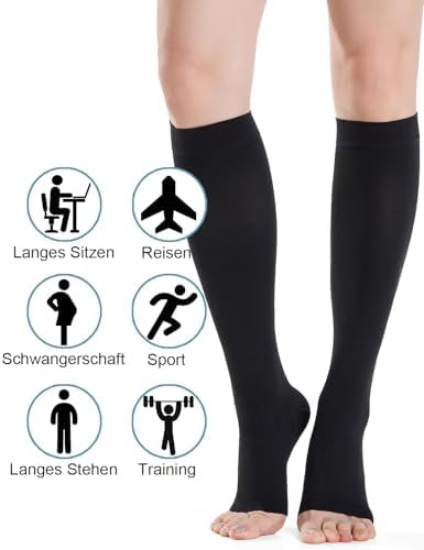 Open toe medical compression socks for women and men by Problems Solved, 20-30mmHg class 2 compression, designed for leg support.