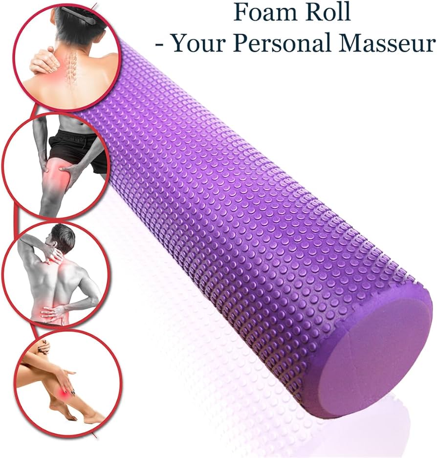 Problems Solved foam roller, 3.75-inch diameter and 16.5-inch length, for leg and back muscle recovery and massage therapy.