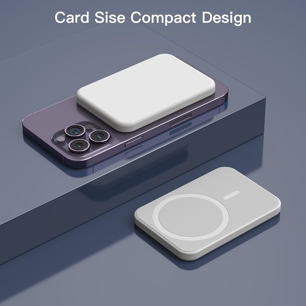 Wireless magnetic power bank by Problems Solved with 5000mAh capacity, portable charger, MagSafe compatibility, and 15W fast charging.
