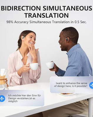Problems Solved Translation Earbuds Real Time AI language translator earbuds with 144 language support, shown with charging case.