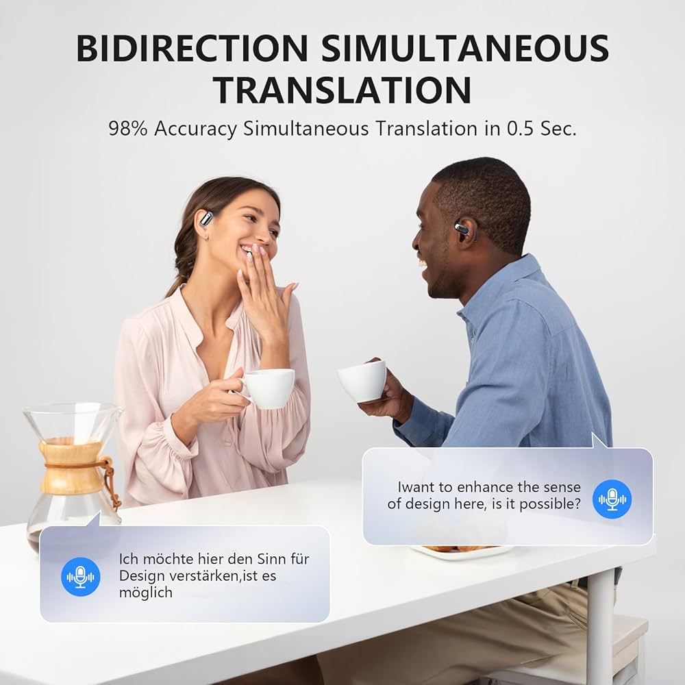 Problems Solved Translation Earbuds Real Time AI language translator earbuds with 144 language support, shown with charging case.