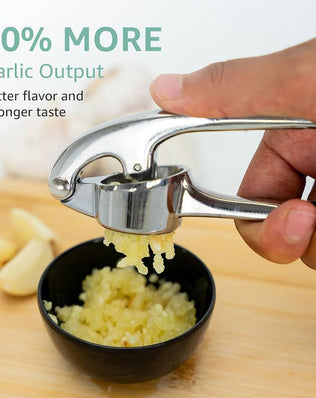 Problems Solved garlic press crusher for mincing garlic and ginger, stainless steel tool with ergonomic handle.