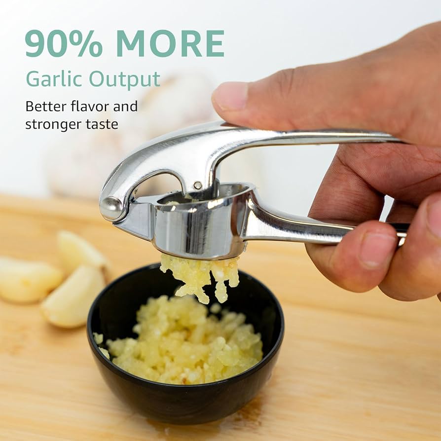 Problems Solved garlic press crusher for mincing garlic and ginger, stainless steel tool with ergonomic handle.