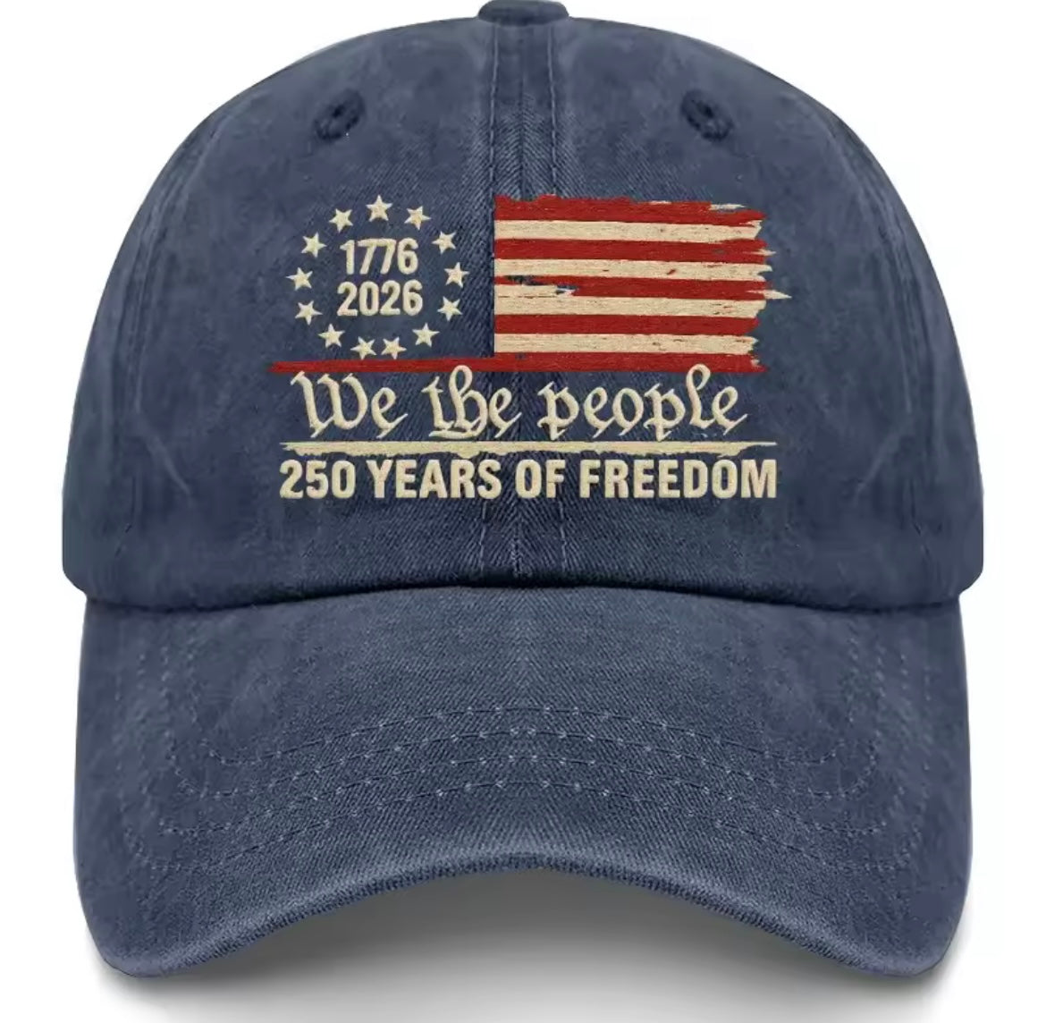 Problems Solved retro washed printed U.S. 250th anniversary baseball hat with vintage design and adjustable strap, front view.