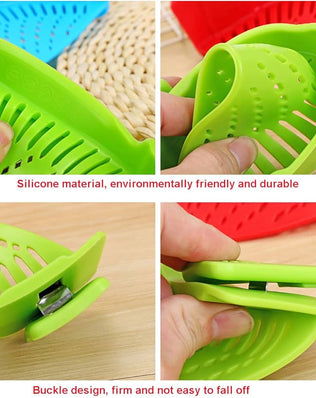 Problems Solved Snap Strainer, clip-on silicone strainer for pots and pans, heat-resistant, hands-free kitchen tool.