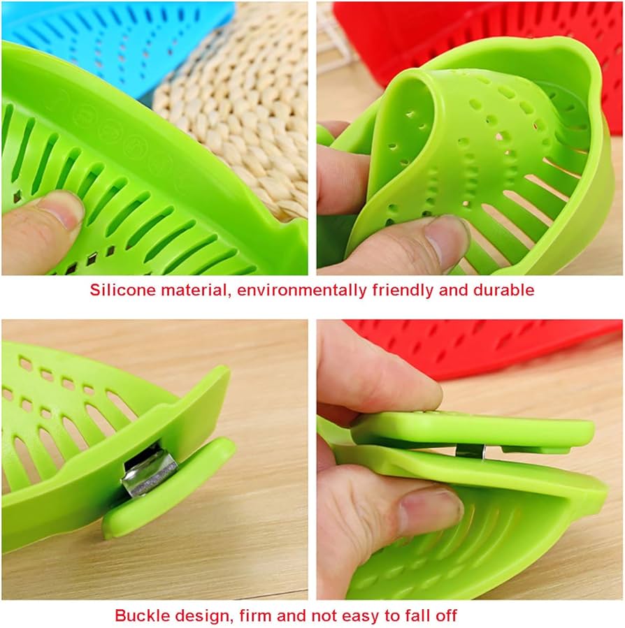 Problems Solved Snap Strainer, clip-on silicone strainer for pots and pans, heat-resistant, hands-free kitchen tool.