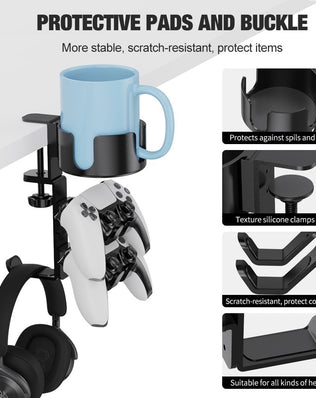 Problems Solved 360º rotating gaming controller headset stand with desk clamp, holds game controllers and headsets neatly.