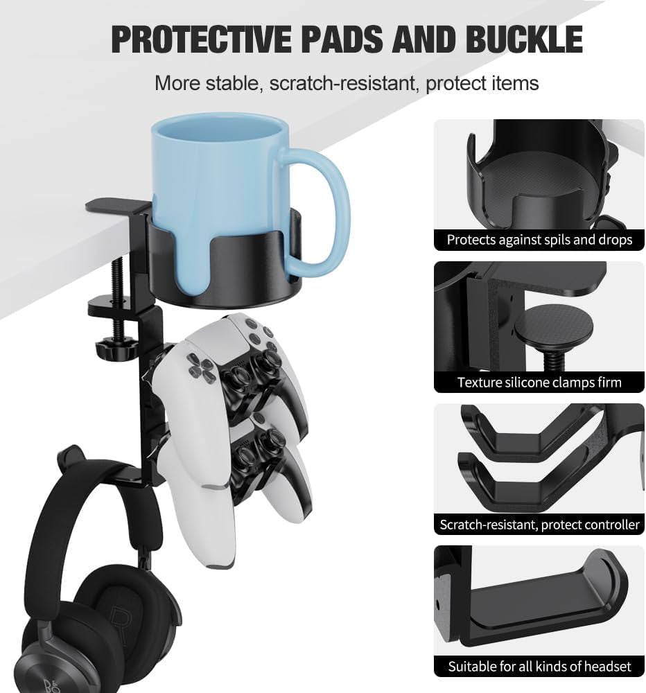 Problems Solved 360º rotating gaming controller headset stand with desk clamp, holds game controllers and headsets neatly.