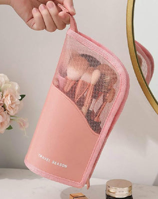 Problems Solved multifunctional makeup brush bag, clear half design, organizing brushes securely in a stylish cosmetic holder.
