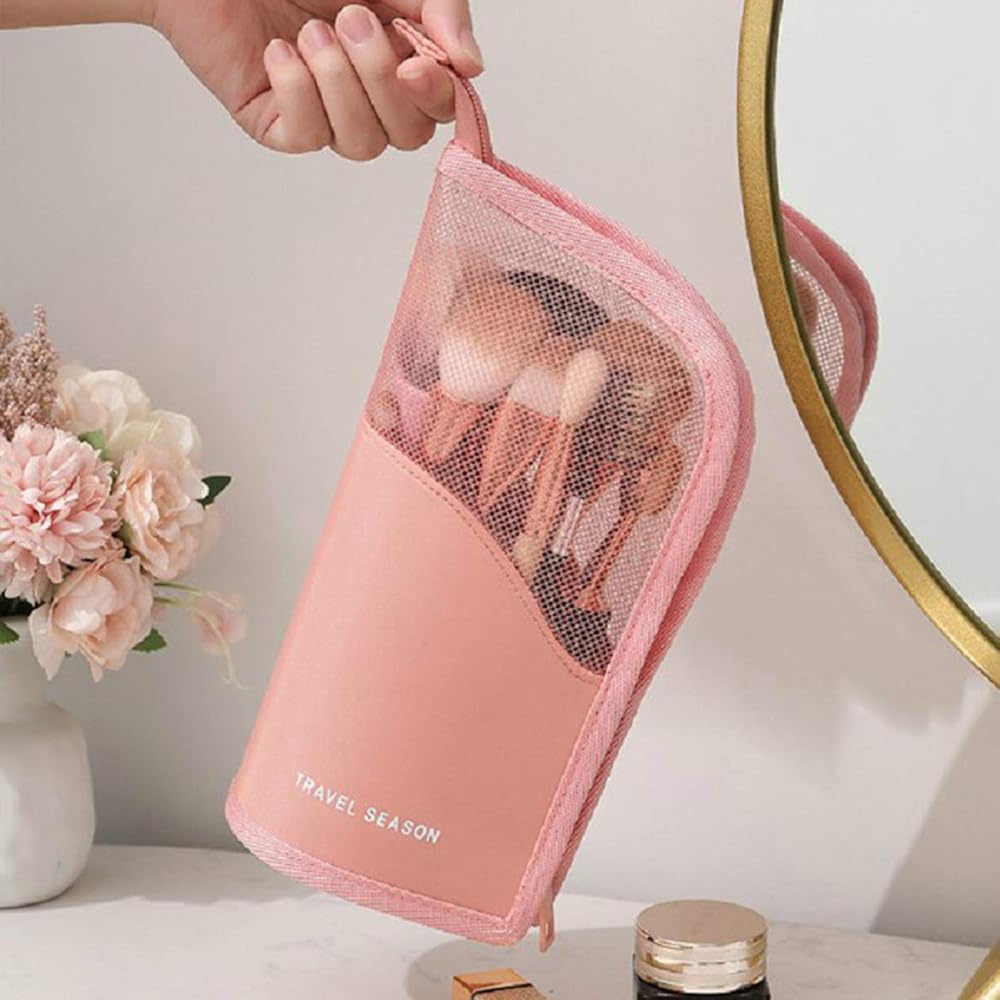 Problems Solved multifunctional makeup brush bag, clear half design, organizing brushes securely in a stylish cosmetic holder.