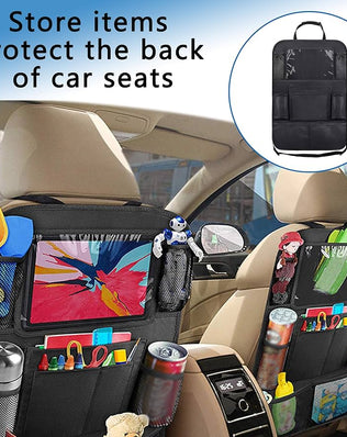 Problems Solved 2-piece car seat back organizer with six pockets, extra large capacity for storing travel essentials.