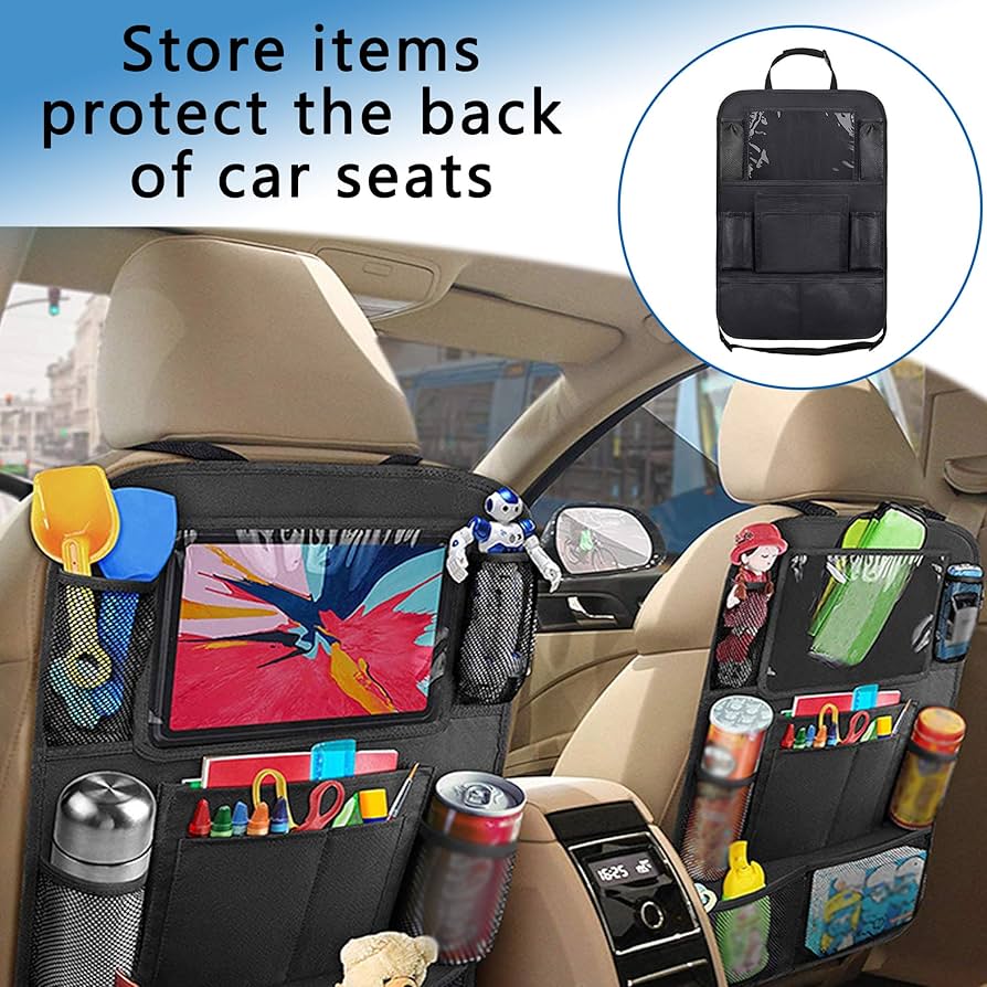 Problems Solved 2-piece car seat back organizer with six pockets, extra large capacity for storing travel essentials.