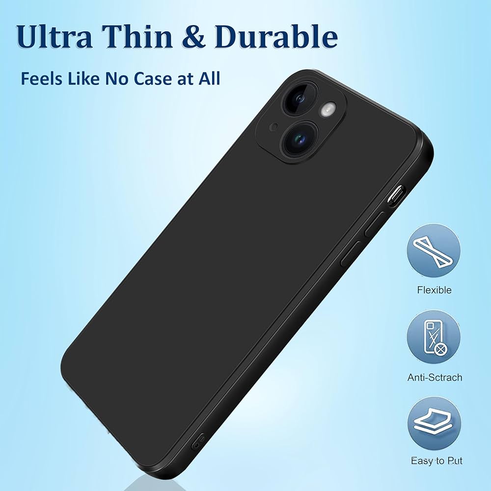 Liquid silicone case for iPhone 14 Plus, 6.7-inch, by Problems Solved, showing smooth, flexible silicone material and precise cutouts.