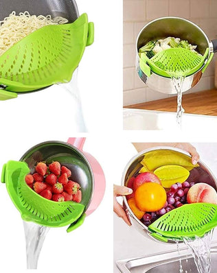 Problems Solved Snap Strainer, heat-resistant silicone clip-on strainer for pots and pans, hands-free kitchen tool in use