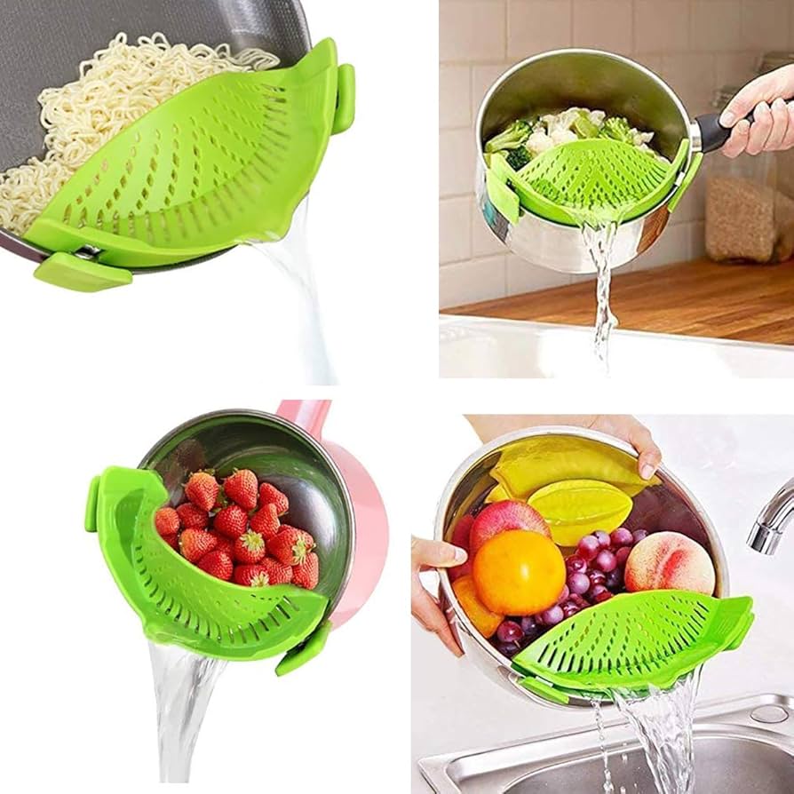 Problems Solved Snap Strainer, heat-resistant silicone clip-on strainer for pots and pans, hands-free kitchen tool in use