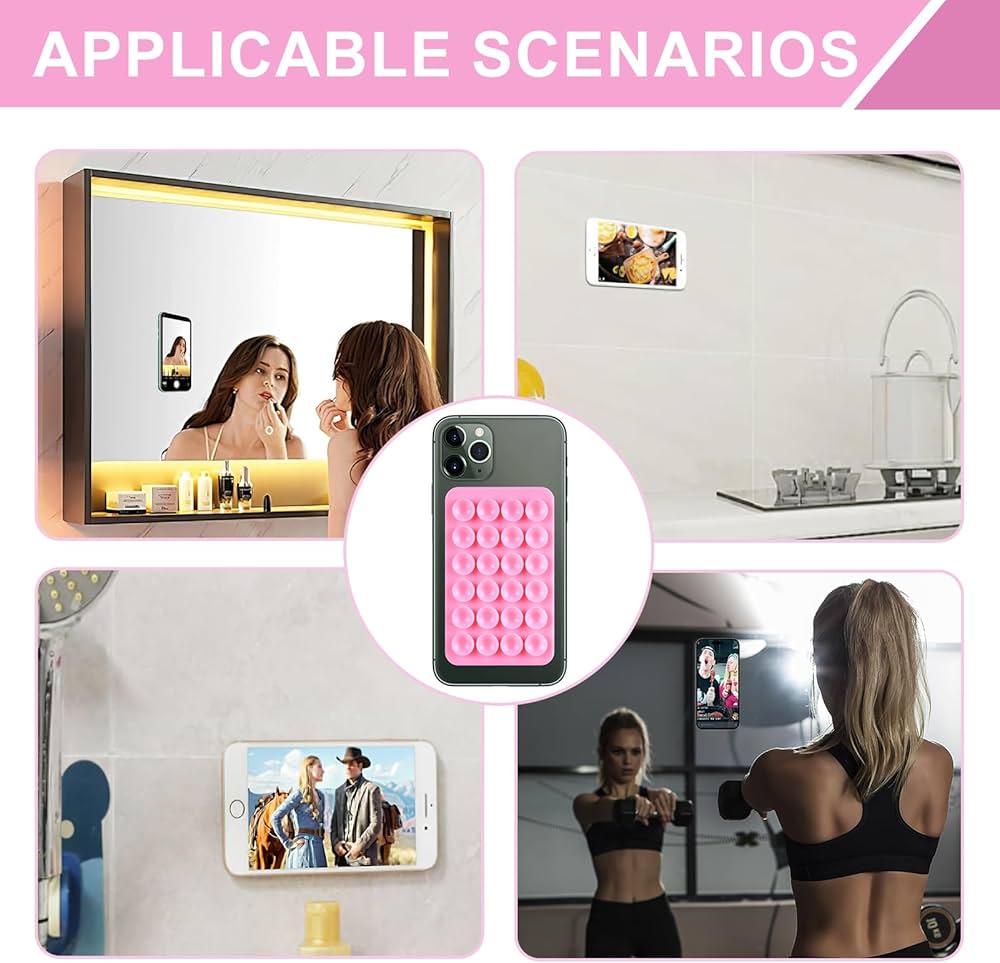 Problems Solved 3-piece silicone suction cup phone holder set showing double-sided design on a smooth surface.