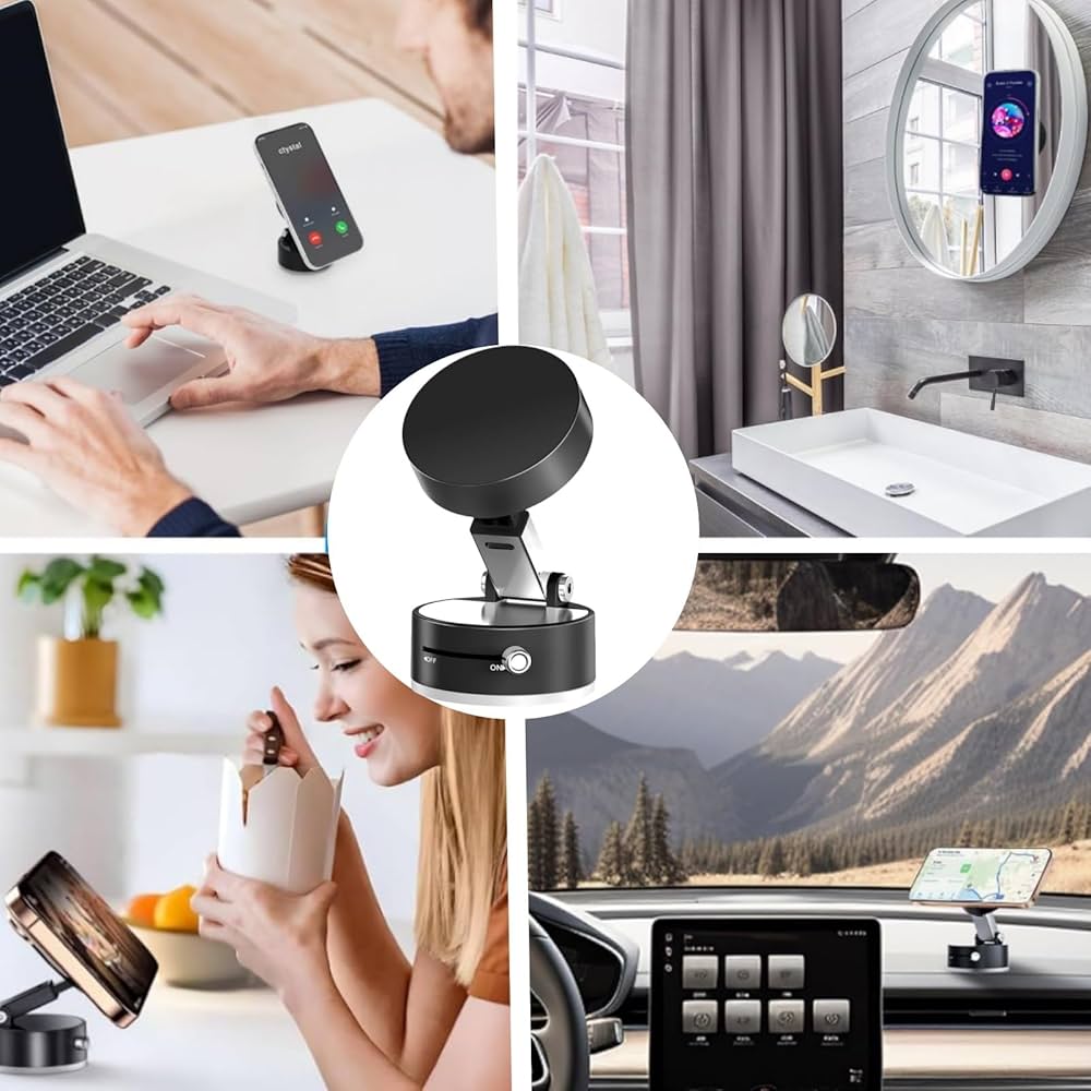 Problems Solved vacuum magnetic suction phone holder with 360° rotatable mount and strong suction cup for secure smartphone placement.
