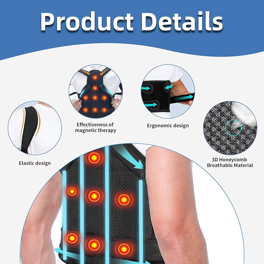 Problems Solved back straightener and posture corrector with adjustable back brace for improved spinal support and posture.