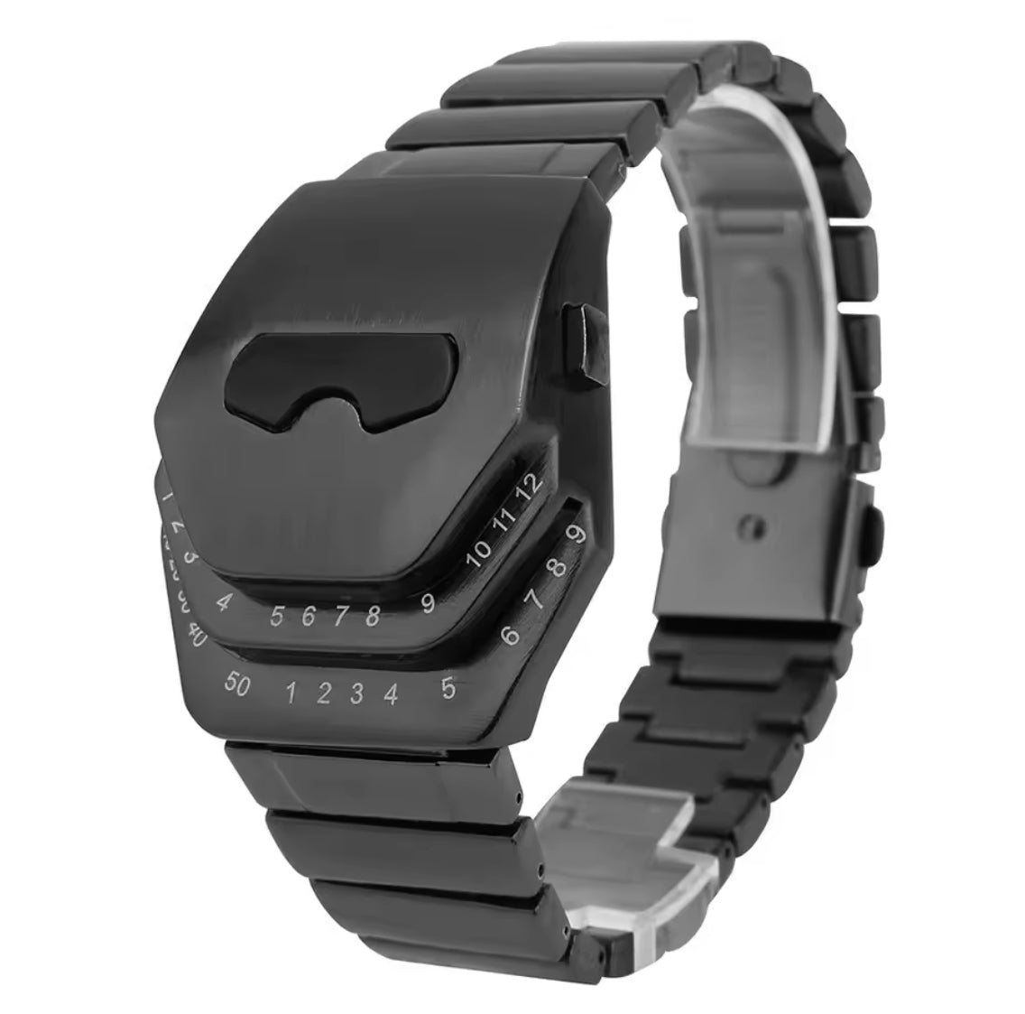 Personalized men's LED watch by Problems Solved with a unique black dial and modern design, displayed on a wrist.