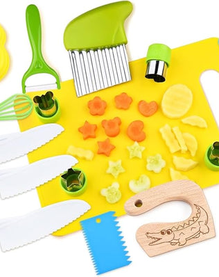 Kids safety knife set by Problems Solved, 17-piece children's kitchen knives for real cooking, with colorful, child-friendly design.