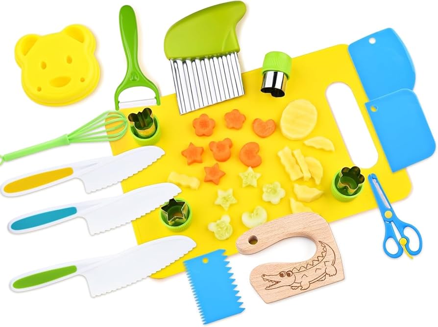 Kids safety knife set by Problems Solved, 17-piece children's kitchen knives for real cooking, with colorful, child-friendly design.